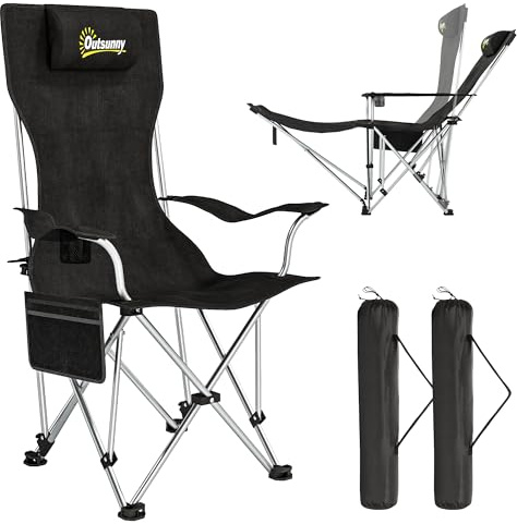 Outsunny Lot de 2 chaises de Camping Pliante inclinable, Chaise Longue de pêche Portable et légère avec Repose-Pieds Amovible, Sac de Rangement, Porte-gobelet et Appui-tête, Noir