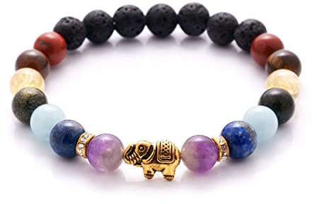 BERGERLIN 7 Chakra Armband Damen Herren, Naturstein Lavastein, 8mm