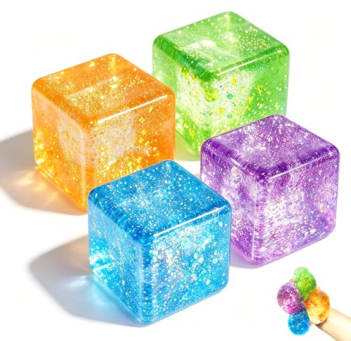 4 Stück Squishy Cube, Squishy Würfel, Anti Stress Würfel, Glitzer Quetschspielzeug für Kinder und Erwachsene, geeignet für Zuhause, Büro und Reisen