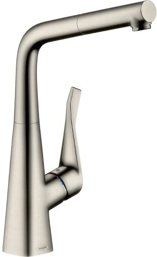 hansgrohe Metris Einhebel-Küchenarmatur (Komfort-Höhe 320 mm, mit Ausziehauslauf und Schlauchbox) Edelstahl Finish