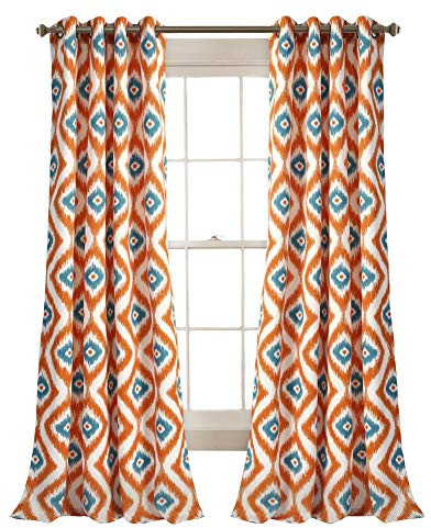 Lush Decor Diamond Ikat Curtains - Geometric Pattern Print Room Darkening Window Panel Set for Living, Dining, Bedroom (Pair), 84” x 52”, Turquoise Orange