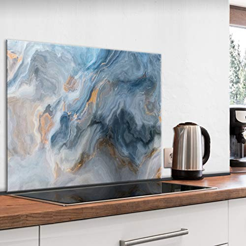 murando Spritzschutz Glas für Küche 80x60 cm Küchenrückwand Küchenspritzschutz Fliesenschutz Glasbild Dekoglas Küchenspiegel Glasrückwand Marmoroptik blau grau - f-B-0283-aq-e