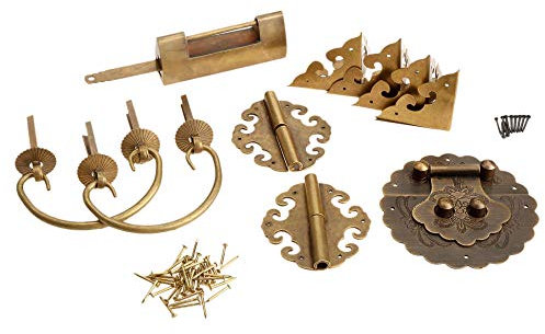 Klavierband Antike Möbel Aus Reinem Messing Hardware-Set Holzkasten Knöpfe Und Griffe + Scharniere + Riegel + Schloss + U-Förmiger Stift + Eckenschutz