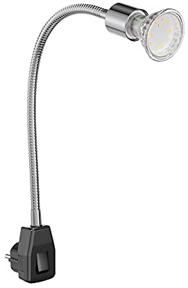 ledscom.de Steckdosenlampe LESCH Leselampe Schwanenhals, Schalter, chrom/schwarz + LED Lampe 227lm warm-weiß