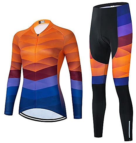 Damen Radbekleidung Set Langarm Rennrad Shirt Radtrikot Fahrradhose mit Gel gepolstert, Ai13, L