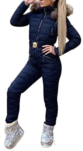 Minetom Damen Einteiliger Skioverall Winter Warm Schnee Skifahren Sätze Outdoor Jumpsuit Langer Overall mit Kapuze Reißverschluss Skianzüge Wasserdicht Winddicht Schneeanzug C Blau S