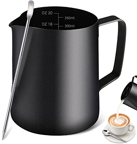 Milk Frothing Pitcher, 12OZ/350ML Stainless Steel Espresso Steaming Pitcher Coffee Milk Frother Cup with Decorating Art Pen for Espresso Machine, Milk Frother, Latte Art Black