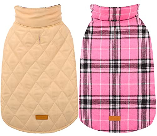 Kuoser Winter Dog Fleece Coat, Warm Dog Jacket Windproof, Pink XS | Fleece Lined Coat for Small Dogs Puppy, Waterproof Windproof Warm Dog Jacket with Harness Hole British Style Plaid Adjustable