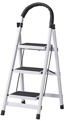 OKUOKA Ladders,Lightweight Stepladder 3 Step, Heavy Duty Foldable Anti-Slip Ladders with Tool Holder and Safety Handrail, Support 150 Kg/White
