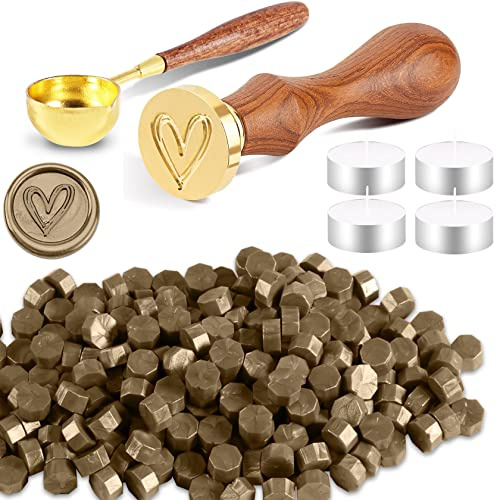 Foonii Set di Timbro Ceralacca, con 200 Perline di Cera per Sigillo, 1 Timbro sigillo per Ceralacca, 1 Cucchiaio, 4 Candele, per Buste/inviti/Biglietti/Regalo - (Cuore, Rame)
