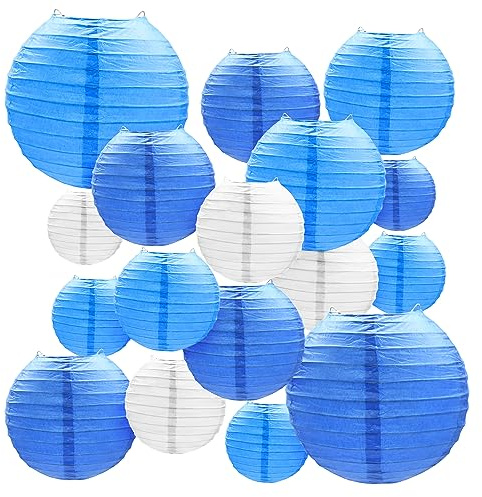 20 Stück Blaue und weiße Papierlaternen, 4 6 8 10 Verschiedene Größen, hängende chinesische runde Laternen, Papierlampenschirme zur Dekoration für Garten, Geburtstagsfeier, Familientreffen