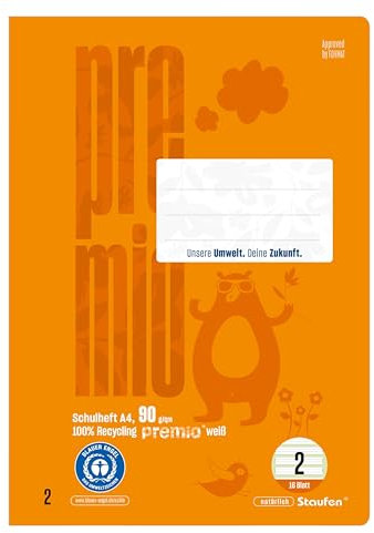 Staufen premio Schreiblernheft - 4 Hefte je 16 Blatt, DIN A4, Lineatur 2 (4/4/4mm liniert, farbig hinterlegte Lineatur), 90 g/m² Recyclingpapier, runde Ecken verhindern „Eselsohren“