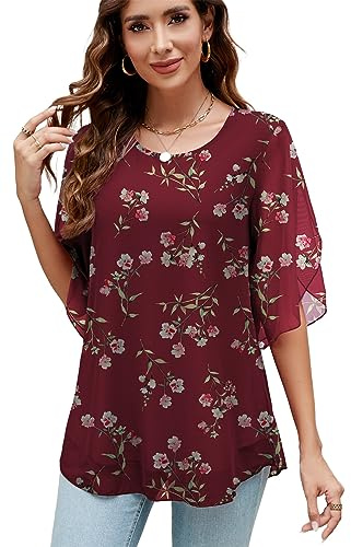 Actcat Damen Rüschen 3/4 Ärmel Mesh Blusen Lose Flowy Tops Stretch Shirts