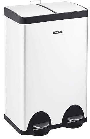 Cooks Professional Dual Pedal Recycle Bin 60L | 2 x 30L Removable Compartments & Soft Close Lids | Twin Double Section Stainless Steel Kitchen or Office Dustbin for Recycling or Waste | White