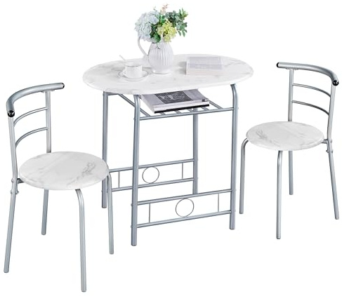 Yaheetech Conjunto de Mesa y 2 Sillas de Comedor Cocina 80X53 cm Blanco | Juego de Muebles para 2 Personas, Mesa Madera, Estante Almacenamiento, Ideal para Espacio Limitado,2 Sillas y 1 Mesa