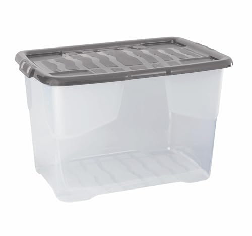 Strata 6 x 65 Liter stapelbare Aufbewahrungsbox aus Kunststoff mit Deckel mit aufsteckbaren Deckeln, 6er-Pack, Multi-Aufbewahrungsbox für Zuhause und Büro, transparente Box, grauer Deckel
