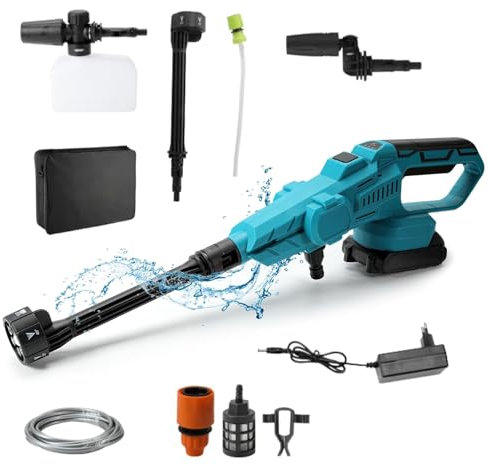 Akku-Hochdruckreiniger mit 15000 mAh Akku, 21V maximal 200bar buchsenloser tragbarer Hochdruckreiniger mit 6 in 1 Düse, Schaumpistole, 5m Schlauch, Filter (Keine Batterie)