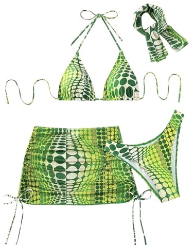 Bikini da donna con design digitale a pois, reggiseno a triangolo alto, gonna sciarpa, 4 pezzi, costume da spiaggia bikini frange, verde, XL