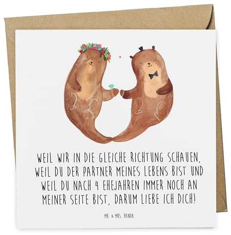 Mr. & Mrs. Panda Glückwunschkarte 4. Hochzeitstag Seidenhochzeit - Geschenk, faltkarte, Grußkarte, Paar, Ehe, Klappkarte, anlasskarte, Heirat, Jubiläum, Geschenke, lebenslange Liebe, Heiraten