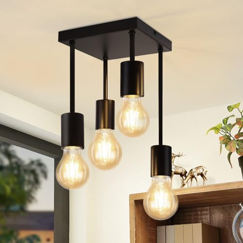 CBJKTX Deckenleuchte Schwarz Deckenlampe Vintage - E27 Küchenlampe 4 | Flammig Retro Metall Hängend Industrial Deckenspots für küche Flur Schlafzimmer Wohnzimmer Bar (ohne Leuchtmittel)