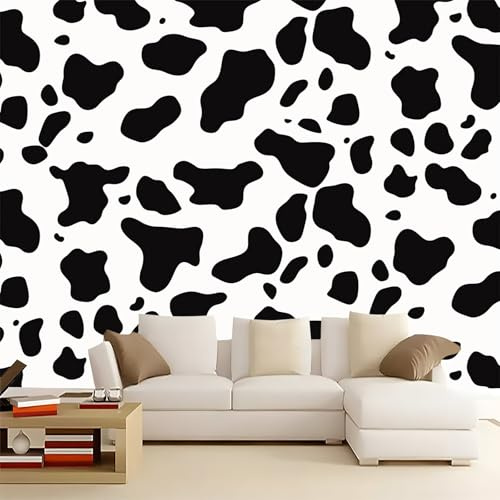 Papier Peint à Motif Taches De Vaches De Style Ferme, Imperméable pour la maison Salle de Salon Chambre à Coucher de Cuisine 300 x 210 cm, papier peint de Décoration murale non tissé Noir Et Blanc