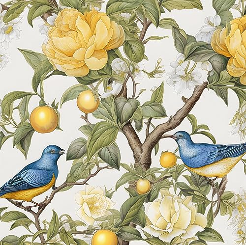 XRUIBZI Carta da parati con uccelli blu, carta da parati autoadesiva con motivo albero di limone, carta da parati gialla floreale, per armadi, impermeabile, carta da parati autoadesiva per cucina,