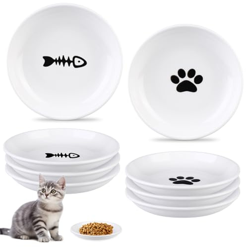 Kattskål, keramik, 6 stycken matskålar, katt, matskål för katter, kattskålar, kattskålar, matskål, kattmatskål, kattmatskål för mat och vatten (15 x 2,6 cm)