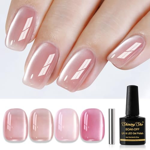 Shining She UV Nagellack Jelly Magnet Cat Eye, 4 Farben Nude Rosa Kristalle Cat Eye UV Gel Nagellack Soak-Off UV nagellack Set für Nagelkunst Maniküre Salon, 8ML
