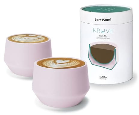 KRUVE IMAGINE Latte-Kaffeetassen aus Porzellan, doppelwandige Latte-Tassen, Glasbecher im 2er-Set – 140 ml Thermo-Kugeldesign für Latte Art, isolierte Kaffeebecher zur Wärmespeicherung (Pink)