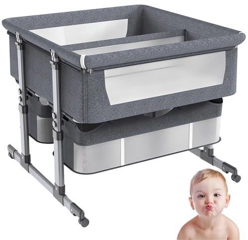 STRTG Babybett Für Zwillinge, Baby-Beistellbett, Kinderbett Mit Aufbewahrungskorb, Tragbares Babybett Mit Wiege, 6-Fach Höhenverstellbar Für Babys Von 1 Bis 36 Monaten A Gray