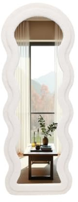 SensaHome Gewellter gepolsterter Standspiegel – Ganzkörperspiegel aus Wildledersamt – 60 x 160 – Teddyweiß