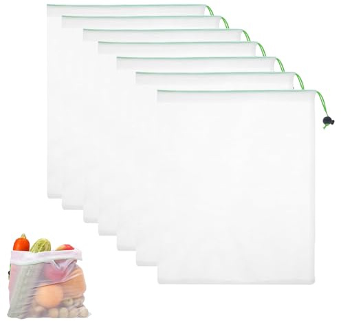 Vierone 8pcs Reusable Mesh Fruit Bags 35 * 30cm Vegetable Bags Drawstring Netted Mesh Bags for Fresh Vegetable/See Through Mesh Produce Bags for Storage Fruit Vegetable