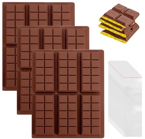 3 stycken chokladformar av silikon med 10 sektioner 6-tavla silikon chokladform djup – BPA-fri, non-stick med genomskinlig påse för söta godsaker och praliner