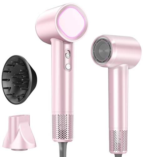HEXTEK föhn mit Diffusor, Fön mit 160.000 U/min Bürstenloser Motor Schnelles Trocknen, Ionen Haartrockner 500 Million Negativ, Haarföhn für Reise, Zuhause(Rosa)