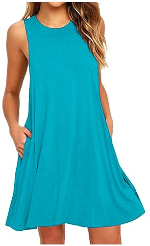 EMATOP Damen Kleider Elegant Kurzer Shirtkleid Ärmellos Lässiges Sommerkleid Knielang Strandkleid Baumwolle Einfarbig Minikleid Leicht Bequem Freizeitkleid mit Taschen T-Shirt A Linie Kleid