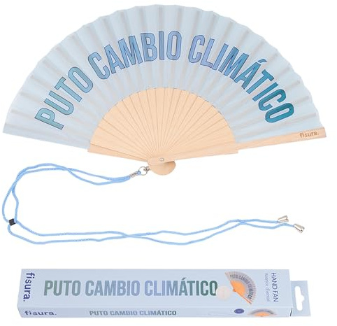Fisura – Abanico original con mensaje “p*to cambio climático”. Abanico de madera moderno y colorido. Ventilador de mano azul. Colgador incluido. Medidas: 42,5 x 23 cm