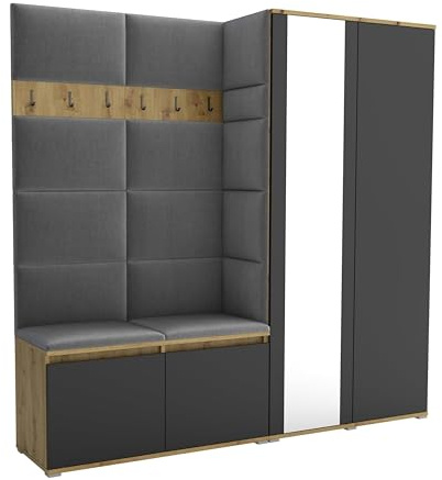 Brent - Flurgarderobe Luton 4, Garderobe Set: Schuhbank mit Sitzfläche, Garderobenpaneel, Garderobe mit Spiegel, Flur Möbel, Artisan Eiche Schwarz + Polsterpaneele in Hellgrau