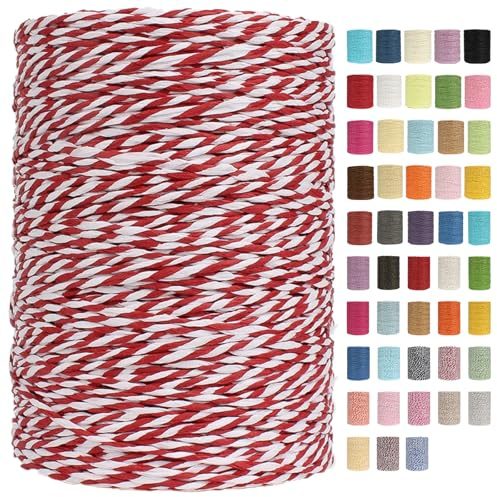 Raffia Garn Zum Häkeln Papiergarn Bast 2mm X 300m Geflochten Raffia Papierdraht, Weiches Geflochtenes Bastband Natur, Strickgarn Bast Zum Häkeltaschen, Körbe, Hüte Handarbeiten (Rot/Weiß,2mm)