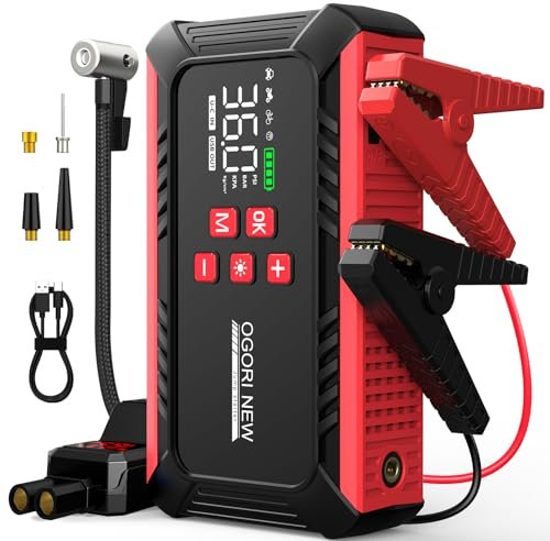 Arrancador de Baterias para Coche 6000A,OGORI NEW Arrancador de Coche con Compresor Aire Portatil(10L de Gasolina/8L de Diésel),Jump Starter con Modo Linterna de 3 LED