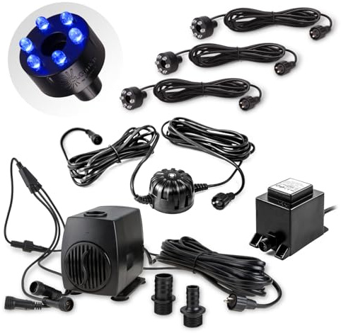 CLGarden Springbrunnen Pumpe mit LED Beleuchtung blau 3x LED Ring Dämmerungssensor Teichpumpe 1300l/h Wasserspiel Gartenbrunnen Bachlauf