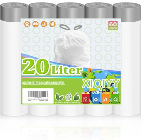 XIQIYY Sacs Poubelle 20L avec Liens Coulissants, 60 Pièces Sacs à Ordures Blancs Résistants, Anti-Déchirure et Anti-Fuite, Faciles à Utiliser, Sac Poubelle pour Salle de Bain, Cuisine, Bureau