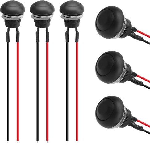 TNSLAND 6 stycken 12 mm omkopplare med 15 cm kabel, vattentät tryckknapp rund med kabel tillfällig knapp 12 V/24 V/125 V/250 V 2 A AC/DC mini momentary push knapp på för pjäser, klocka, bil (svart)
