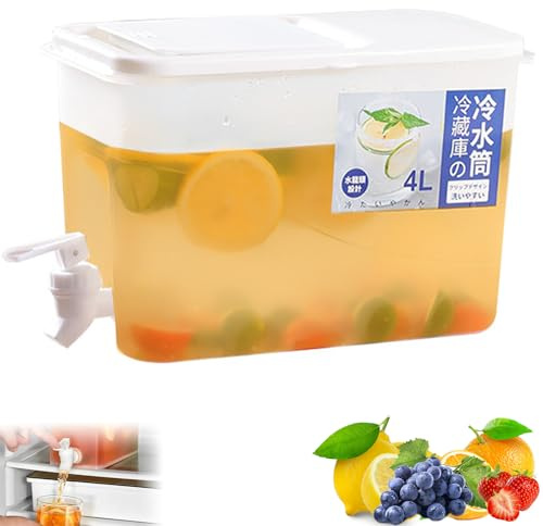 4L Dispensador Bebidas con Grifo, Hervidor Frío Nevera Reutilizable, Contenedores Agua Frigorífico, Recipiente Jugo Plástico para Guardar Zumos, Cócteles, Leche, Té Helado, Frutas, Limonada, Camping