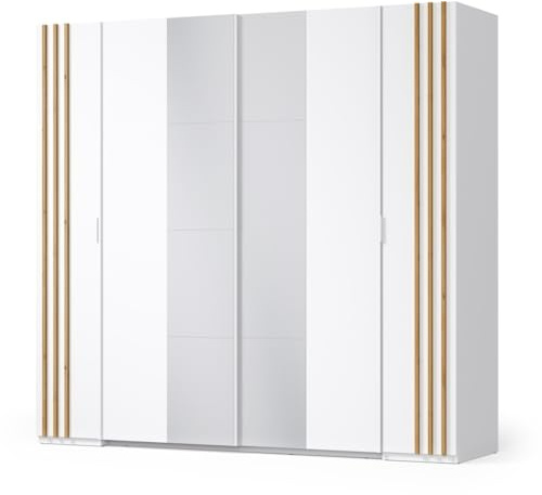 Meublorama Armoire Florence – Blanc et chêne – 2 Portes coulissantes + 2 battantes – L218 cm – 10 étagères