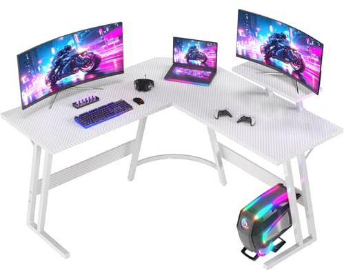 JUMMICO Bureau Gaming en L avec Support Écran, 120x120cm, Réversible, Blanc
