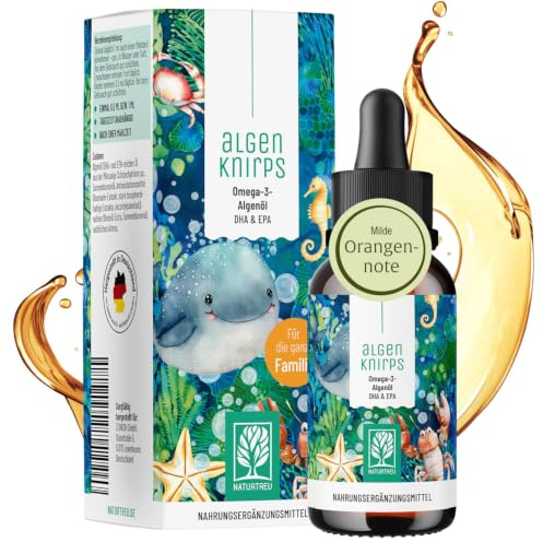 NATURTREU® Omega 3 für Kinder aus Algenöl - Optimiert für Kinder mit leckerem Orangen Geschmack, 250 mg DHA und 125 mg EPA pro Portion - kein Tropfen zählen nötig - Omega 3 Kids - Vegan - 50 Portionen