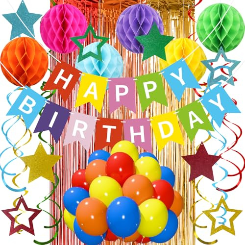 Geburtstags Dekoration Set, Bunte Geburtstagsdeko Regenbogen Partydeko für Männer Frauen Jungen Mädchen - Happy Birthday Girlande Wabenball Luftballons Stern Hängende Streamer Vorhang Glitzer