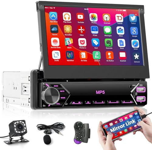 Inefala Single Din Touchscreen Radio 7'' Flip Out Screen Car Stereo with Bluetooth Type C USB Fast Charge Car Audio Receiver Backup Camera SWC FM MIC TF AUX IN EQ