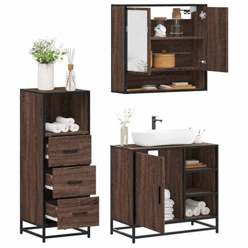 HaoChrymec 3-TLG. Badmöbel-Set Braun Eichen-Optik, Holzwerkstoff, Metallrahmen, Industriestil, 65 x 20 x 60 cm Spiegel, 65 x 33 x 60 cm Waschtischunterschrank, 35 x 37,5 x 100 cm Badezimmerschrank