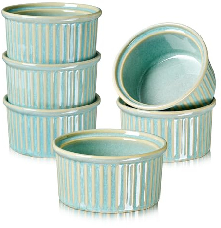 NUTRIUPS 6oz Ceramic Ramekins Set of 6, Vintage Souffle Dishes - Oven Safe Small Baking Bowls for Pudding, Creme Brulee & Custard (Vintage Green, 6 OZ)